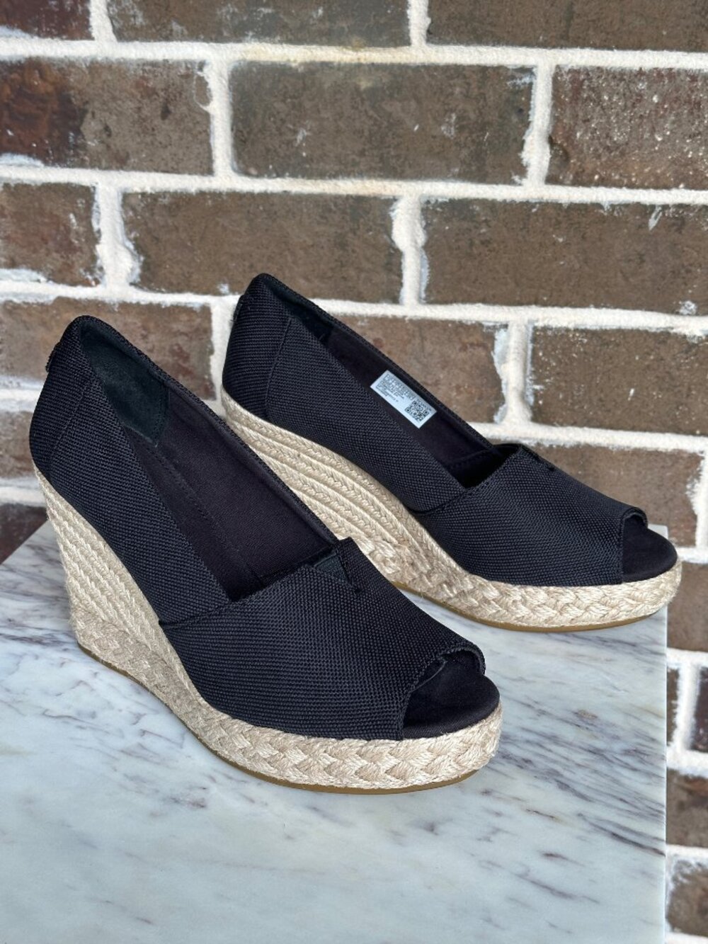 TOMS Michelle Peep Toe Espadrille Wedge Pump Black Sandal Slip-on Heels Size 9